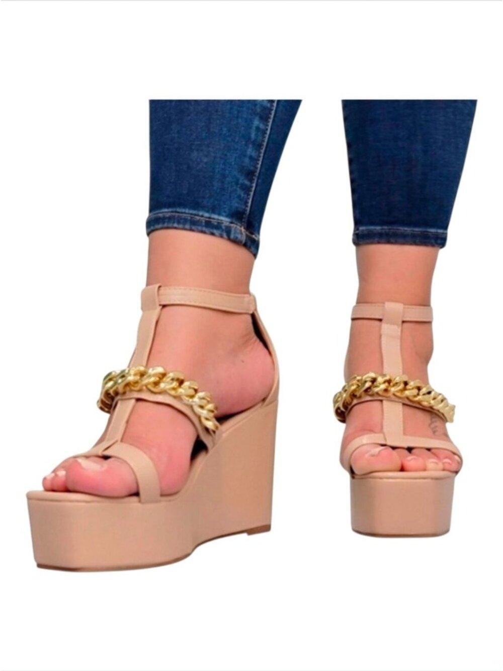 Gold Chain Nude Wedge Sandals With Ankle Strap & Open Toe Design For Women - Picture 9 of 10